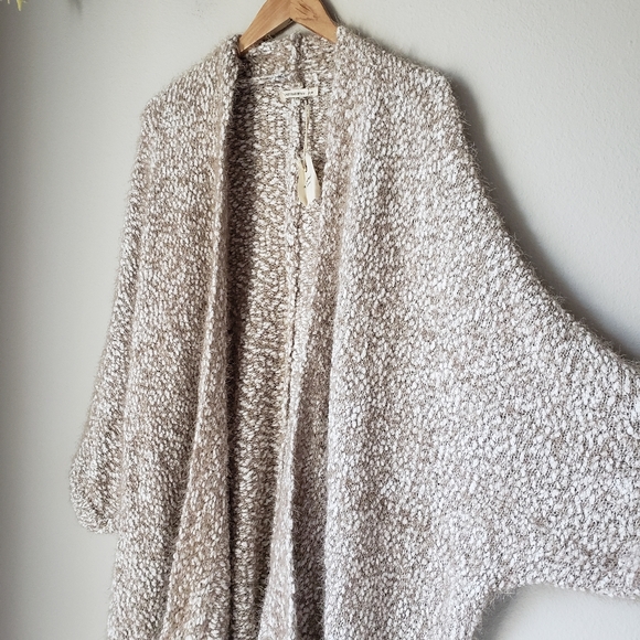 Beige-Taupe Fuzzy Knit Open Front Draped Cocoon Cardigan - Picture 8 of 15